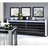 Buffet, bahut, enfilade LINA avec LED + 3 x miroirs. Meuble noir et blanc, idéal pour votre salon ou salle à manger.