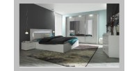 Chambre à coucher complète PANAREA + LED. Lit + garde robe + chevets + commode. Coloris blanc, finition chrome.