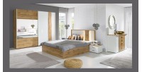 Chambre à coucher complète WOOD chêne et blanc. Lit + armoire + commode + 2 chevets
