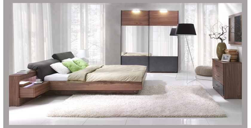 Lit adulte 160x200 collection RENATO. Chevets, LED et sommiers inclus. Coloris noyer et gris.