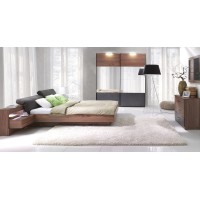 Lit adulte 160x200 collection RENATO. Chevets, LED et sommiers inclus. Coloris noyer et gris.