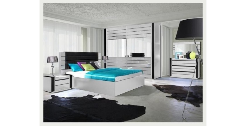 Ensemble design pour chambre à coucher LINA blanc. Lit + 2 chevets avec LED + commode avec LED.