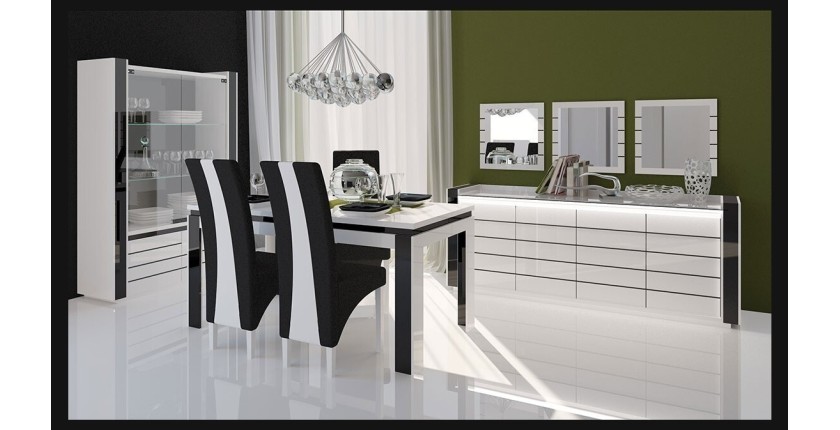 Meuble de salon et de salle à manger LINA 9 éléments blanc et noir brillant. LED incluses