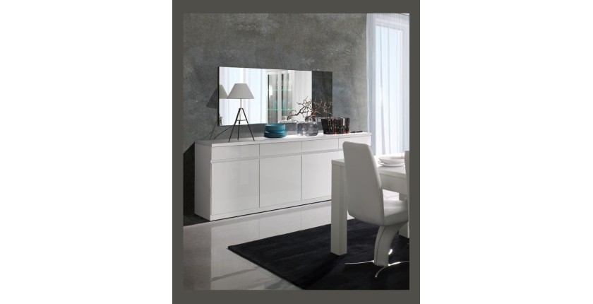 Buffet, bahut, enfilade 4 portes et 4 tiroirs + miroirs FABIO. Blanc brillant. Meuble design pour votre salon salle à manger