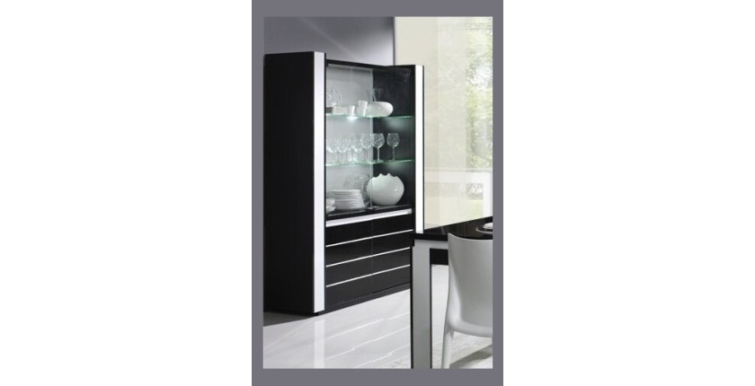 Vitrine argentier vaisselier LINA + LED coloris noir et blanc brillant. Meuble design pour votre salon ou salle à manger