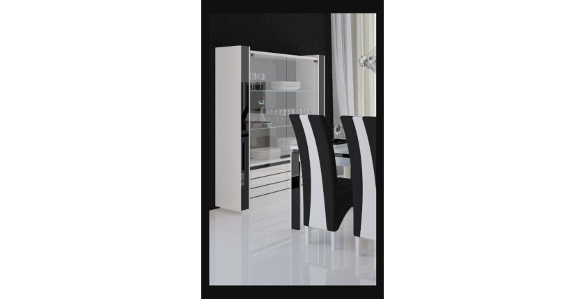 Vitrine argentier vaisselier LINA + LED coloris blanc et noir brillant. Meuble design pour votre salon ou salle à manger.