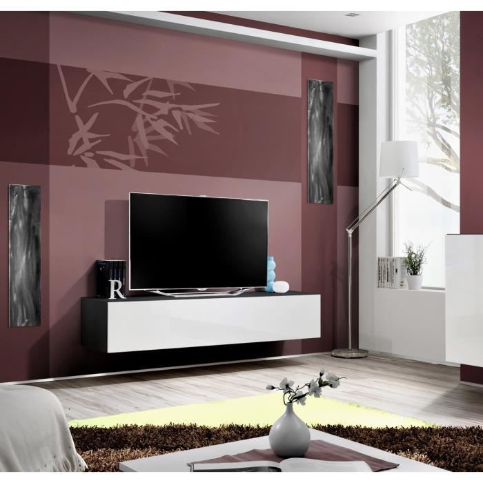 Meuble TV FLY design, coloris noir et blanc brillant. Meuble suspendu moderne et tendance pour votre salon.