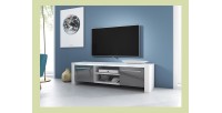 Meuble TV design MANHATTAN 140 cm à 2 portes et 2 niches coloris blanc et gris + LED