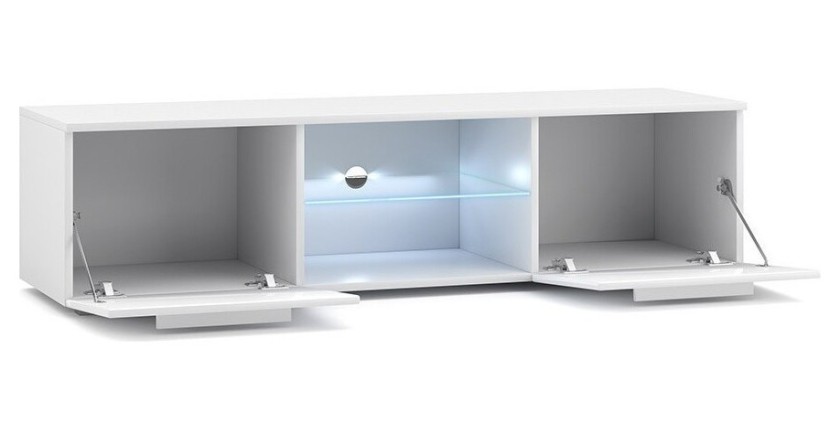 Meuble TV design LEON 140 cm. 2 portes et niche coloris blanc + led