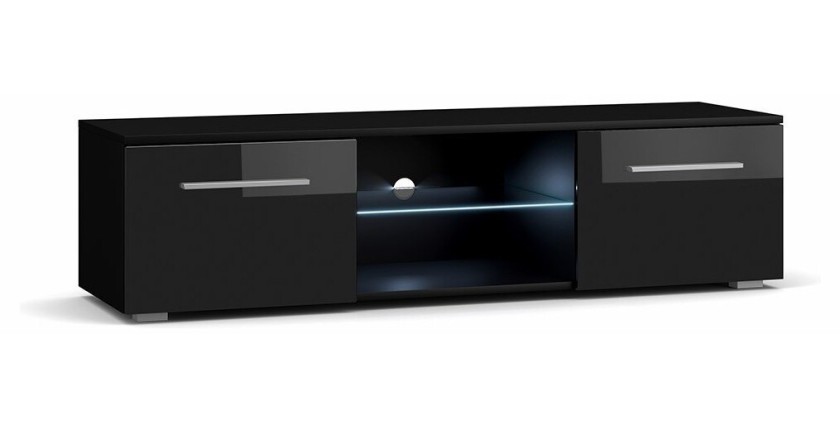 Meuble TV design LEON 140 cm. 2 portes et niche coloris noir + LED