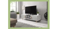 Meuble TV design EDEN II 140 cm, 2 portes et 2 niches, coloris blanc et gris. Type scandinave.