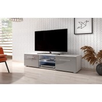 Meuble TV design LEON 140 cm. 2 portes et niche coloris blanc et gris + led
