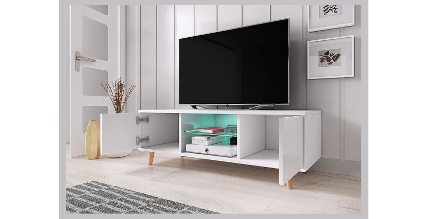 Meuble TV design EDEN 140 cm, 2 portes et 2 niches, coloris blanc + LED. Type scandinave.