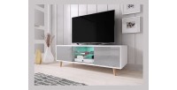 Meuble TV design EDEN 140 cm, 2 portes et 2 niches, coloris blanc et gris + LED. Type scandinave.