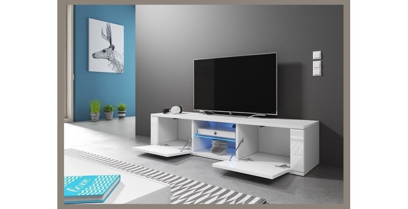 Meuble TV design PARIS-HIT 140 cm, 2 portes et 2 niches, coloris blanc + LED