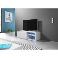 Meuble TV design BREST-HIT 100 cm, 1 porte et 2 niches, coloris blanc + LED