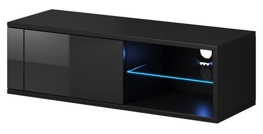 Meuble TV design BREST-HIT 100 cm, 1 porte et 2 niches, coloris noir + LED