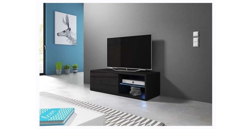 Meuble TV design BREST-HIT 100 cm, 1 porte et 2 niches, coloris noir + LED