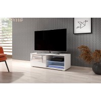 Meuble TV design LEON II 100 cm, 1 porte et 2 niches, coloris blanc + LED