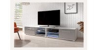 Meuble TV design LEON II XXL, 2 mètres, 2 portes et 4 niches, coloris blanc et gris + LED