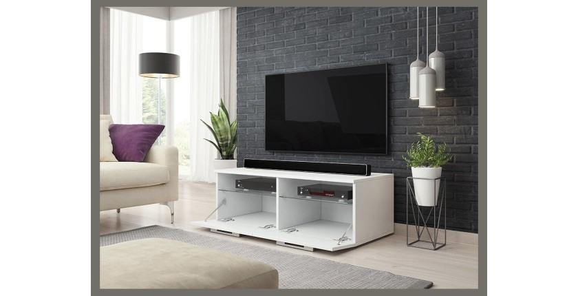 Meuble TV design BONNIE 100 cm, 2 portes et 2 niches, coloris blanc + LED.