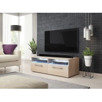 Meuble TV design BONNIE 100 cm, 2 portes et 2 niches, coloris chêne + LED.