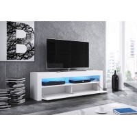 Meuble TV design MEXICO 160 cm, 1 porte et 1 niche, coloris blanc + LED