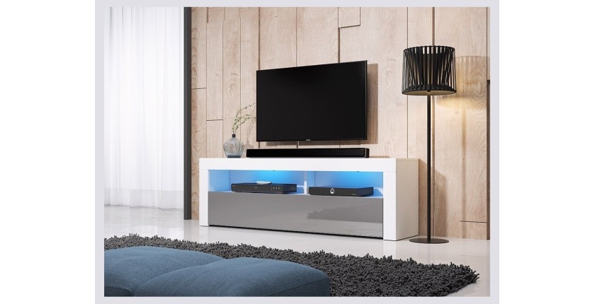 Meuble TV design MEXICO 160 cm, 1 porte et 1 niche, coloris blanc et gris + LED