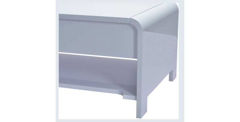 Table basse TRIEST design avec compartiment intérieur et porte invisible sur vérins, coloris blanc.