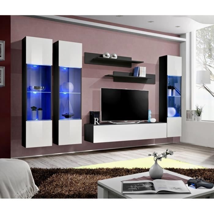 Meuble TV FLY C3 design, coloris noir et blanc brillant. Meuble suspendu moderne et tendance pour votre salon.