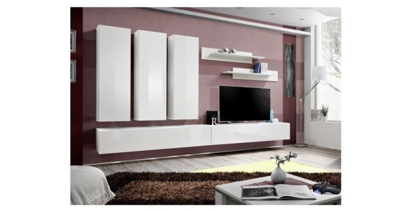 Meuble TV FLY E1 design, coloris blanc brillant. Meuble suspendu moderne et tendance pour votre salon.