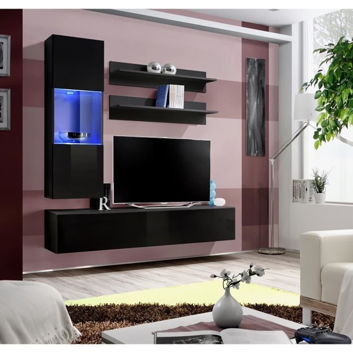 Meuble TV FLY H3 design, coloris noir brillant. Meuble suspendu moderne et tendance pour votre salon.