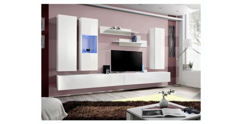 Meuble TV FLY E5 design, coloris blanc brillant. Meuble suspendu moderne et tendance pour votre salon.