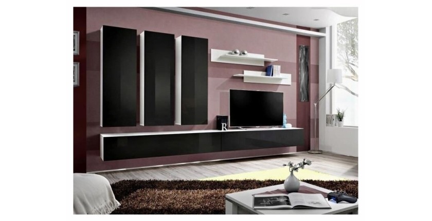 Meuble TV FLY E1 design, coloris blanc et noir noir brillant. Meuble suspendu moderne et tendance pour votre salon.