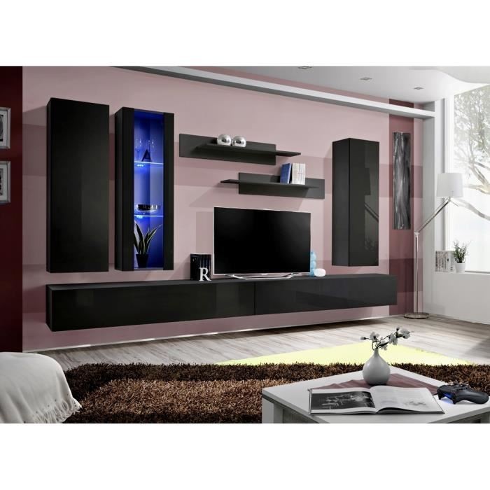 Meuble TV FLY E4 design, coloris noir brillant. Meuble suspendu moderne et tendance pour votre salon.