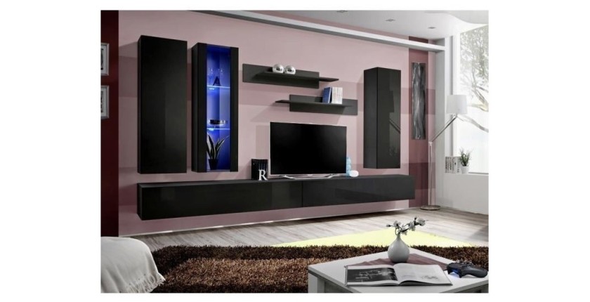 Meuble TV FLY E4 design, coloris noir brillant. Meuble suspendu moderne et tendance pour votre salon.