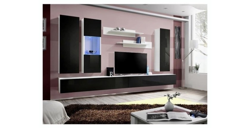 Meuble TV FLY E5 design, coloris blanc et noir brillant. Meuble pour votre salon.