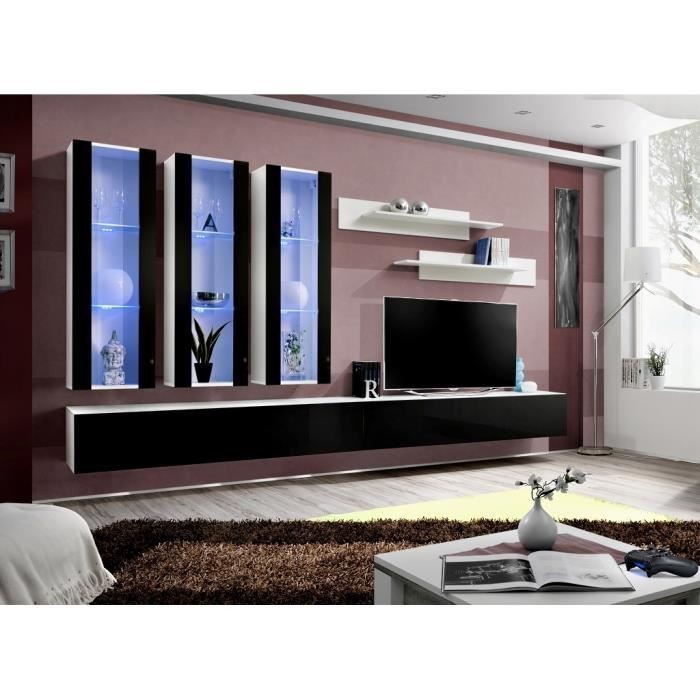 Meuble TV FLY E3 design, coloris blanc et noir brillant. Meuble suspendu moderne et tendance pour votre salon