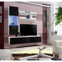 Meuble TV FLY H3 design, coloris blanc et noir brillant. Meuble suspendu moderne et tendance pour votre salon.