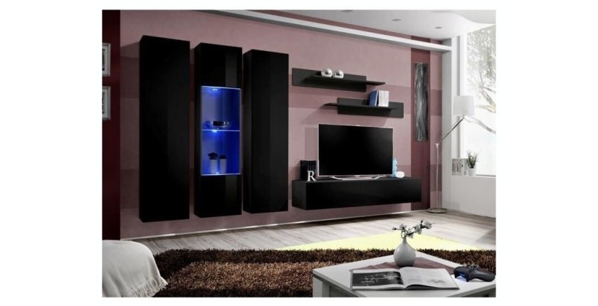 Meuble TV FLY C5 design, coloris noir brillant. Meuble suspendu moderne et tendance pour votre salon.