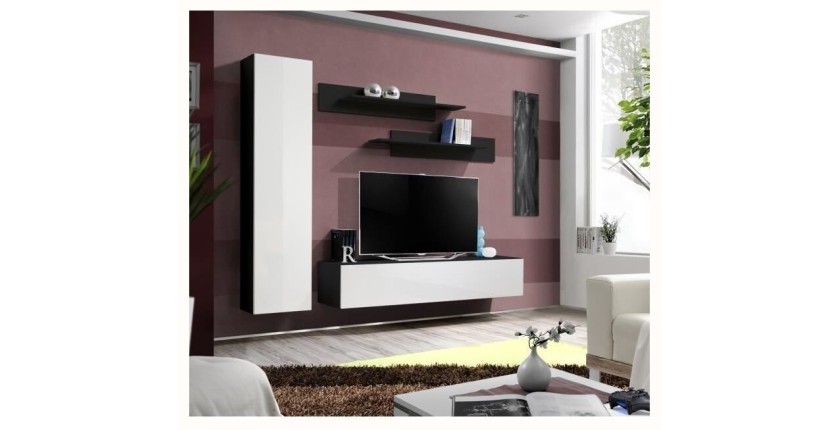Meuble TV FLY G1 design, coloris noir et blanc brillant. Meuble suspendu moderne et tendance pour votre salon.