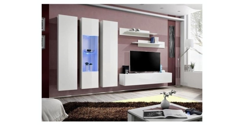 Meuble TV FLY C5 design, coloris blanc brillant. Meuble suspendu moderne et tendance pour votre salon.
