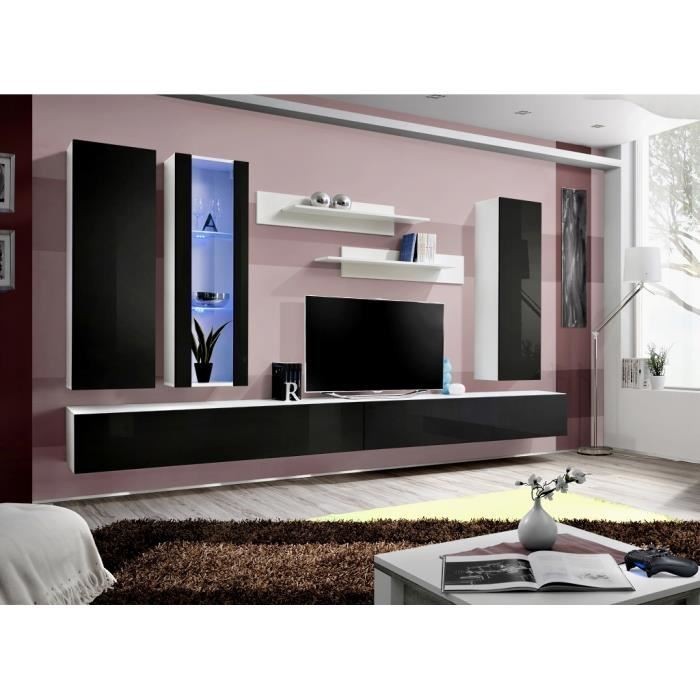 Meuble TV FLY E4 design, coloris blanc et noir brillant. Meuble suspendu moderne et tendance pour votre salon.
