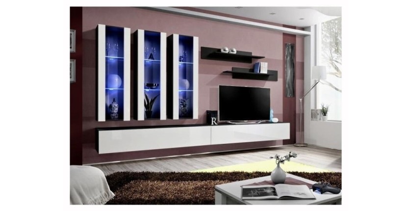 Meuble TV FLY E3 design, coloris noir et blanc brillant. Meuble suspendu moderne et tendance pour votre salon.