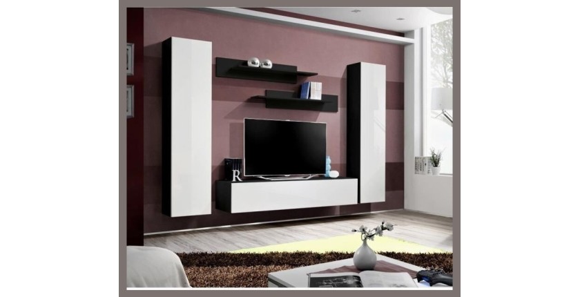 Meuble TV FLY A1 design, coloris noir et blanc brillant. Meuble suspendu moderne et tendance pour votre salon.