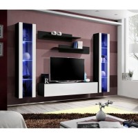 Meuble TV FLY A2 design, coloris noir et blanc brillant + LED. Meuble suspendu moderne et tendance pour votre salon.