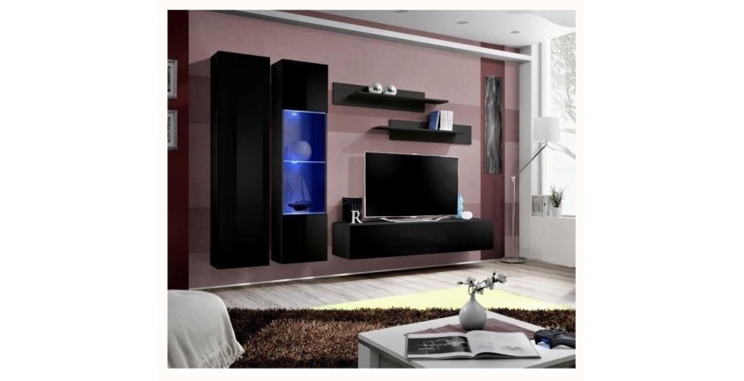 Meuble TV FLY A5 design, coloris noir brillant + LED. Meuble suspendu moderne et tendance pour votre salon.