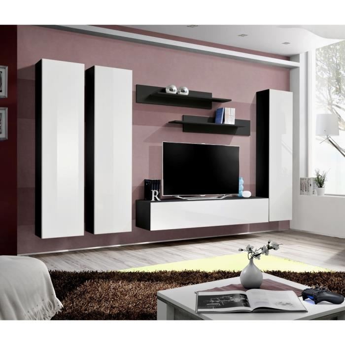 Meuble TV FLY C1 design, coloris noir et blanc brillant. Meuble suspendu moderne et tendance pour votre salon.