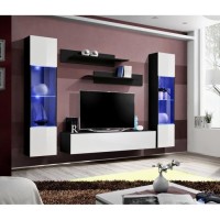 Meuble TV FLY A3 design, coloris noir et blanc brillant + LED. Meuble suspendu moderne et tendance pour votre salon