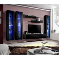 Meuble TV FLY C2 design, coloris noir brillant. Meuble suspendu moderne et tendance pour votre salon.